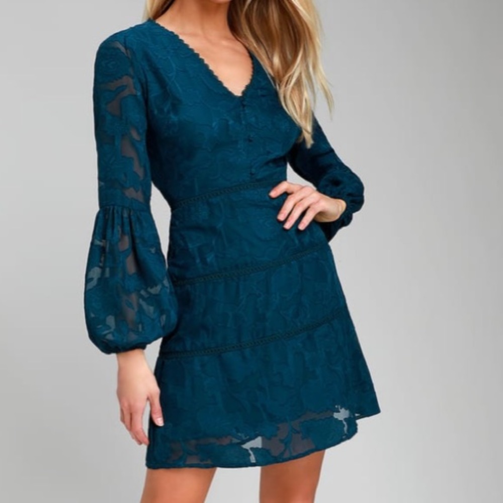 SAPPHIRE AWAY TEAL BLUE  FLORAL LONG SLEEVE DRESS